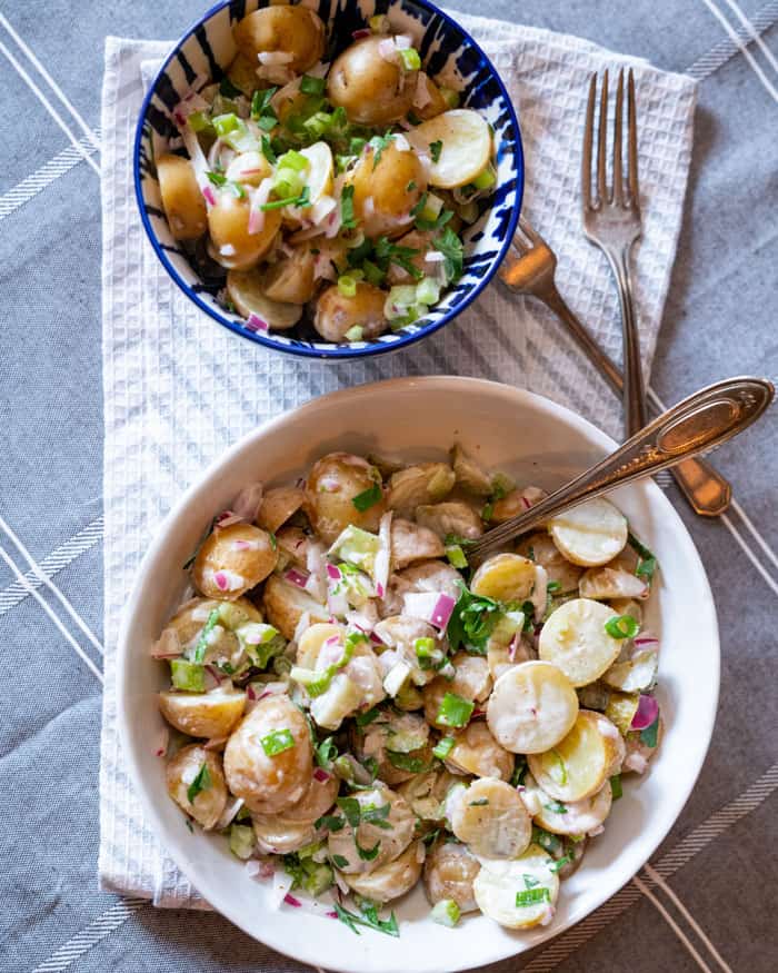 vegan potato salad (dill, mustard and vinegar)