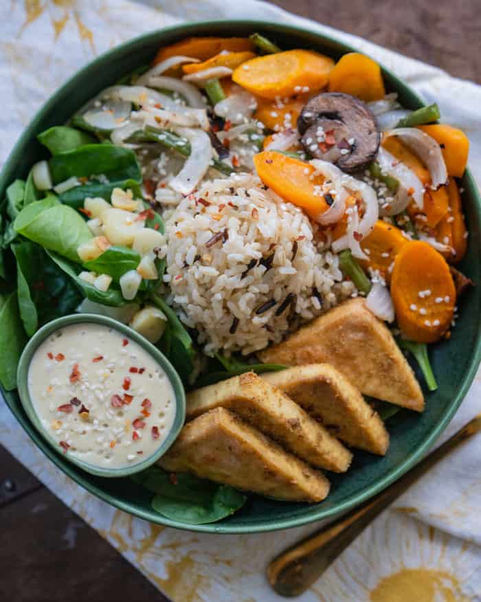 One-Pan Tofu Veggie Rice Bowl With Cashew Garlic Sauce