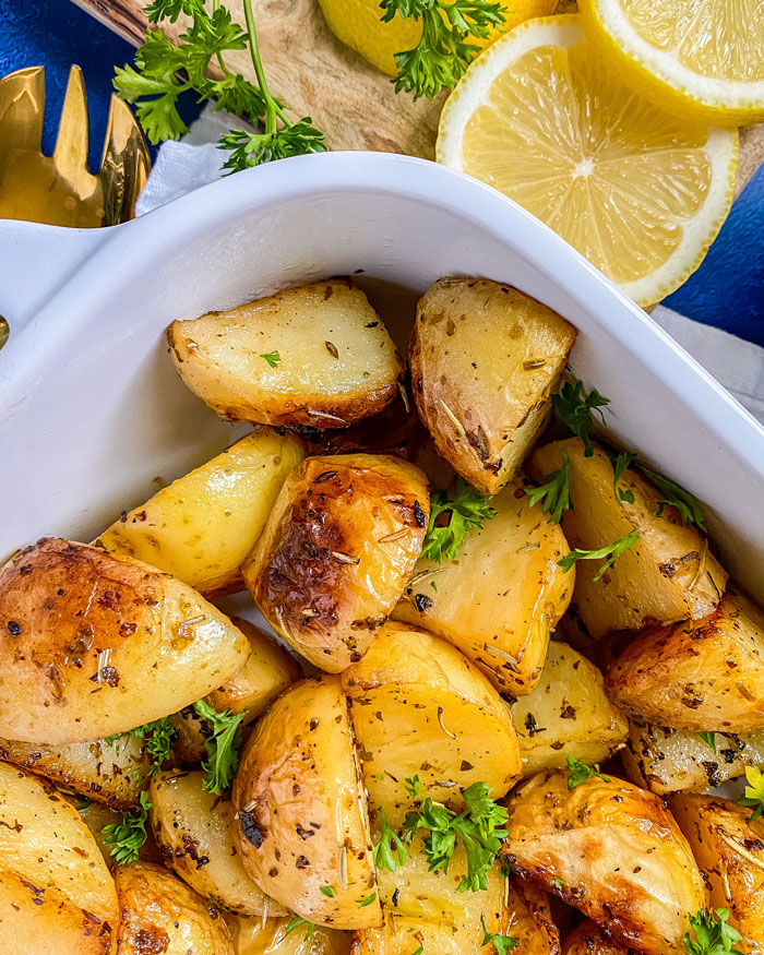 Roasted Lemon Greek Potatoes - The Edgy Veg